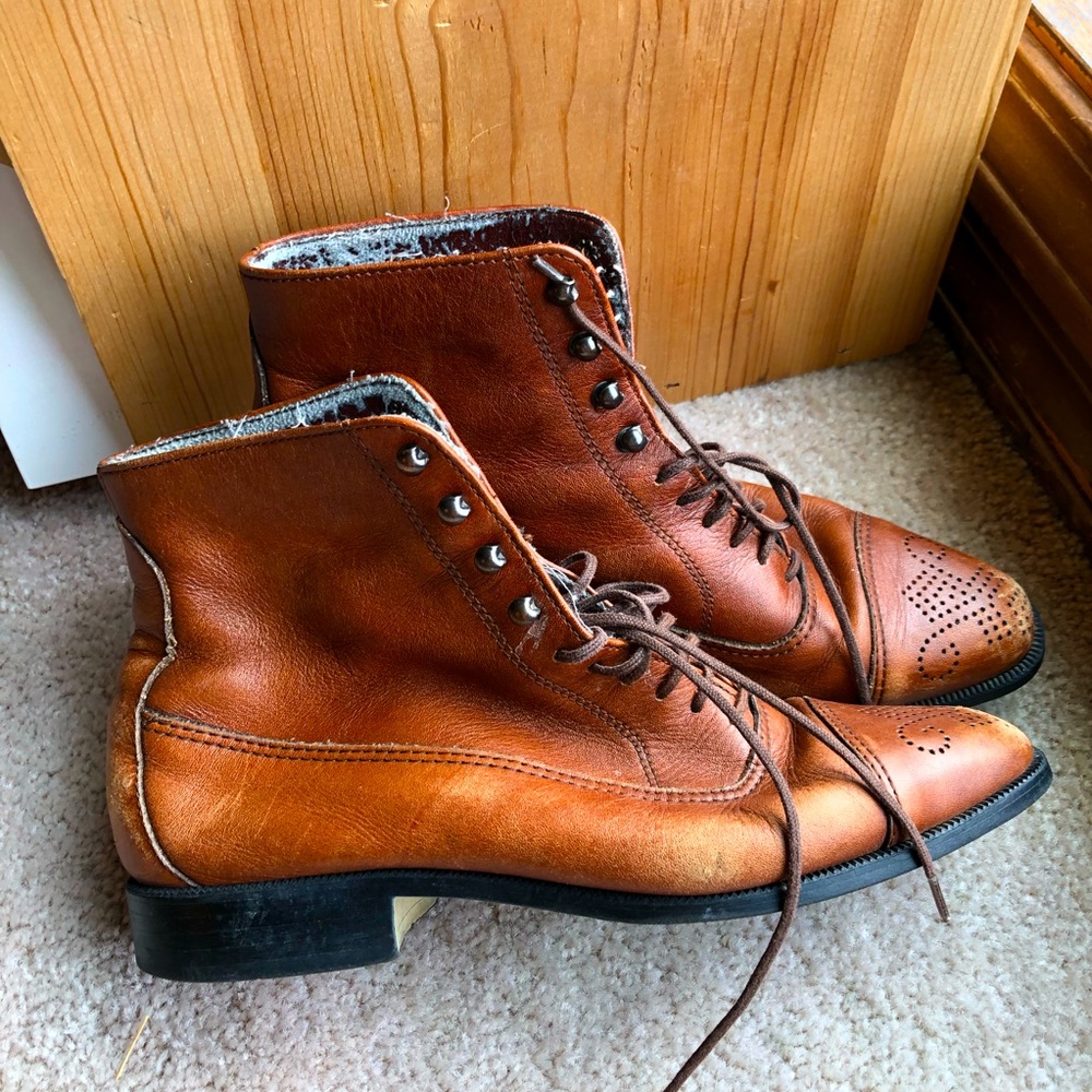 Vintage Lace up Leather Ankle Booties Prairie Kiltie Oxford Captoe